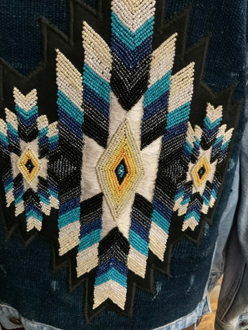 Distressed Denim Hand Beaded Navajo Design Jacket