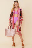 Pink Silk Hand Beaded Kimono with Fringe