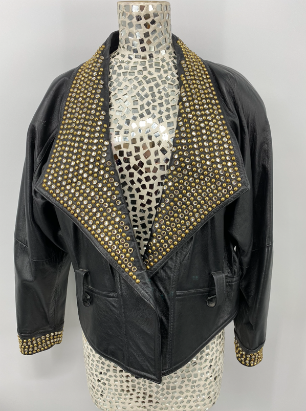 LA Roxx Black Leather Jacket with Gold Studs - Large