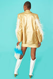 Gold Vegan Blazer Feather Trim Sleeves