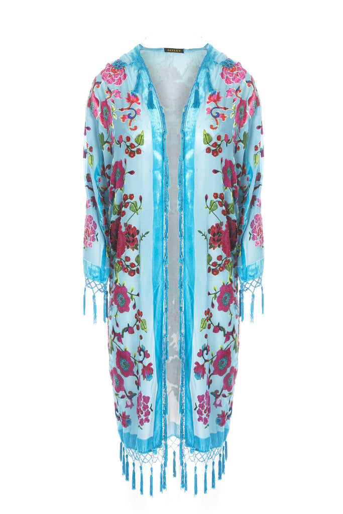 Turquoise Burnout Silk Velvet Hand Beaded Coat