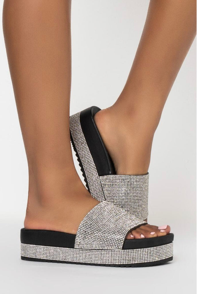 Rhinestone Black Platform Slide Sandals