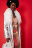 Metallic Silver Maxi Coat with Mongolian Fur Collar Vegan