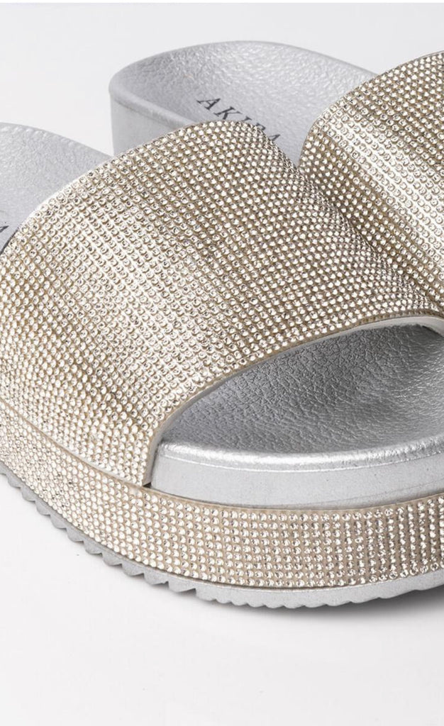 Rhinestone Platform Slide Sandals Silver