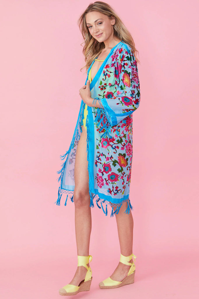 Turquoise Burnout Silk Velvet Hand Beaded Coat