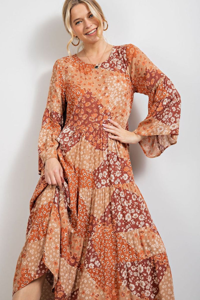 Bell Sleeve Floral Patch Printed Boho Midi Dress