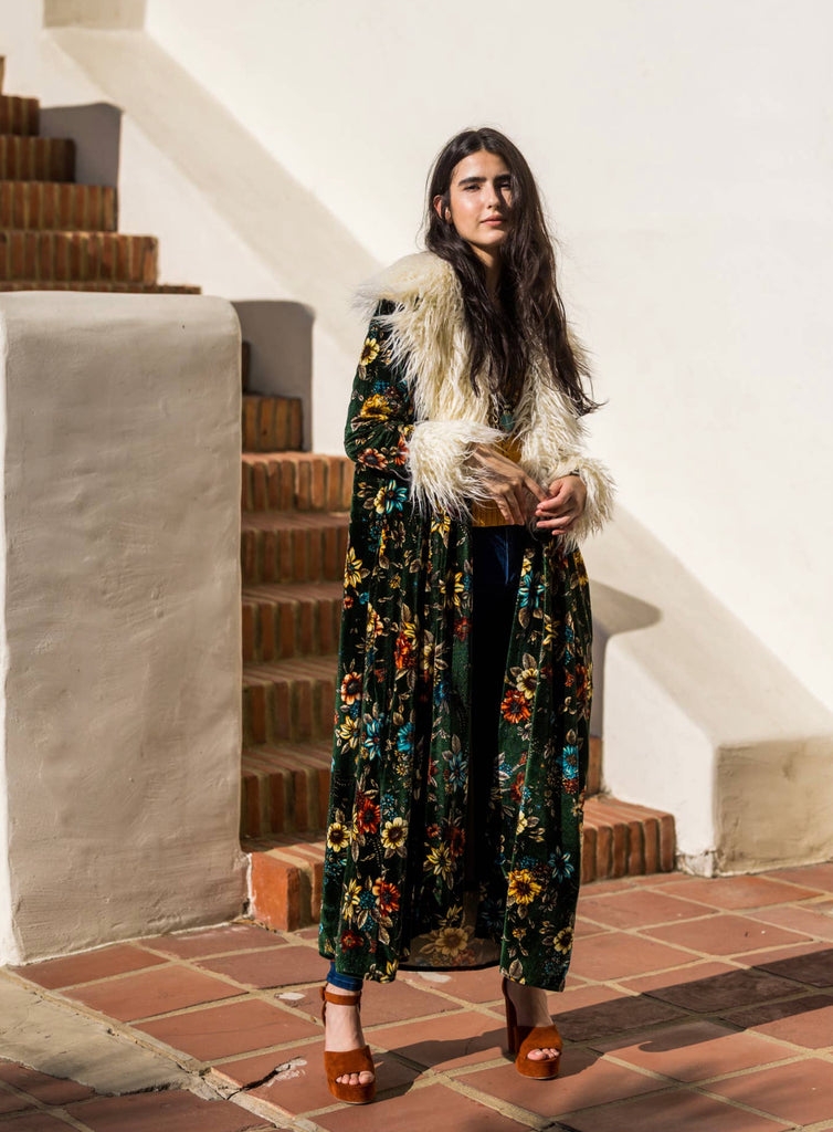 Penny Pine Green Blossom Faux Fur Coat