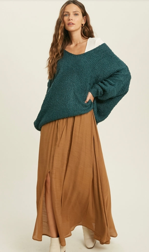 Front Slit Elastic Waist Maxi Skirt