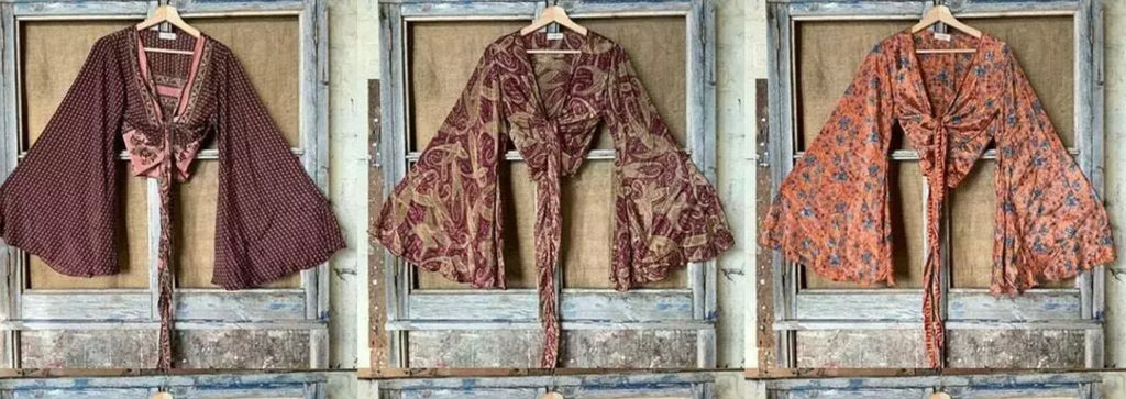 Bell Sleeve Vintage Silk Crop Wrap Tie Top Bell Sleeve Vintage Silk Crop Wrap Tie Top