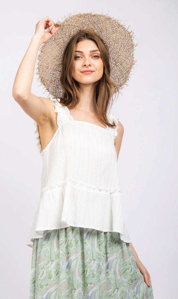 Square Neck Ruffle Sleeveless Top 4 Colors!