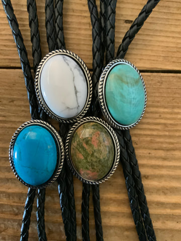 Oval Stone Bolo Tie Blue, Aqua Blue, Green Turquoise or White Buffalo