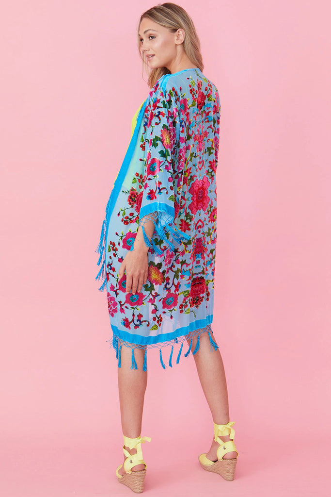 Turquoise Burnout Silk Velvet Hand Beaded Coat Turquoise Burnout Silk Velvet Hand Beaded Coat