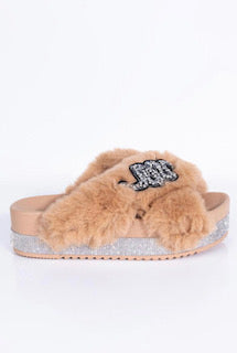 Sneaky Snake Platform Faux Fur Slides with Rhinestone Sole