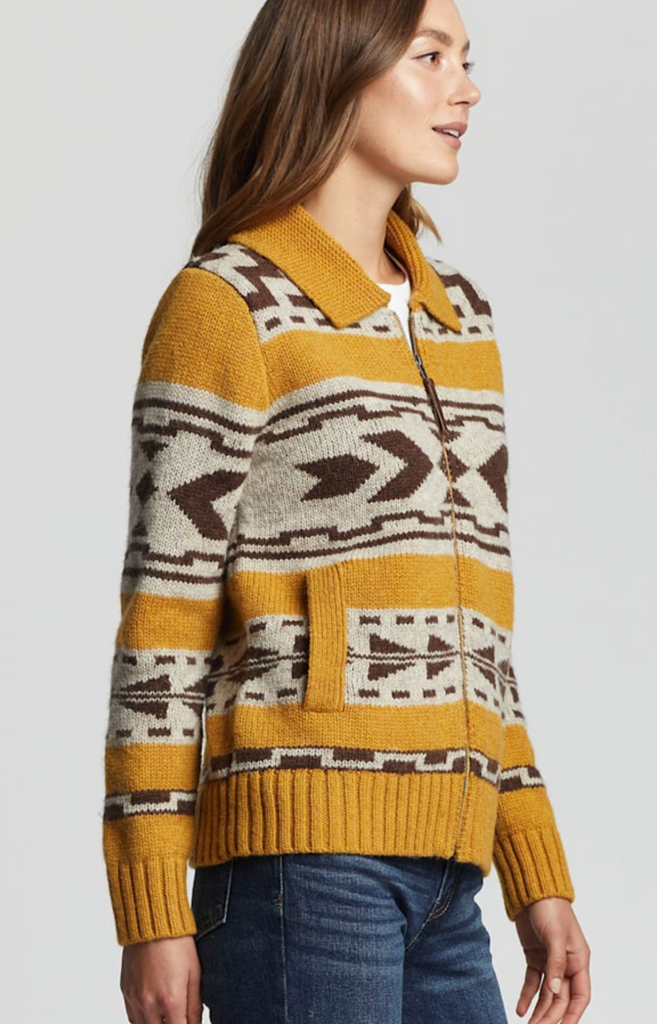Pendleton Wool Sweater Westerley Mustard Brown Cream Zip Front