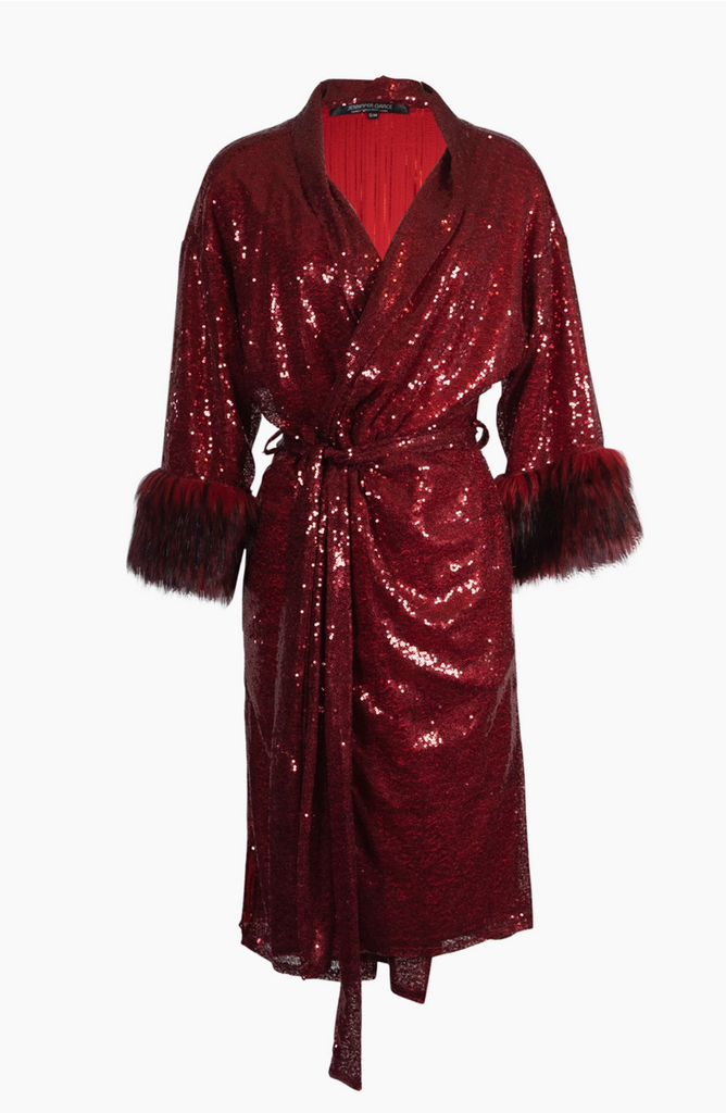 Red Full Sequin Kimono with Faux Fur and Belt
