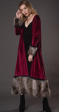 Burgundy Velvet Maxi Coat with Faux Faux Cuffs and Hem
