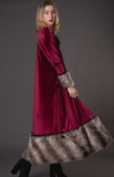 Burgundy Velvet Maxi Coat with Faux Faux Cuffs and Hem