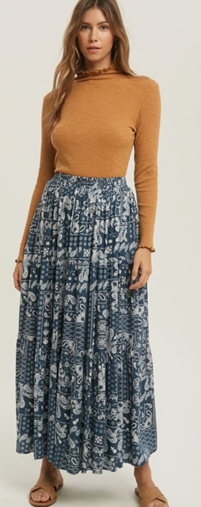 Paisley Bandana Long Skirt Mustard or Denim Pockets!
