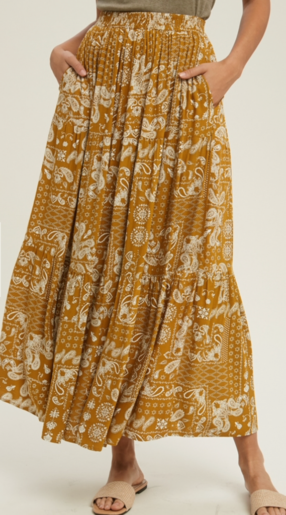 Paisley Bandana Long Skirt Mustard or Denim Pockets!
