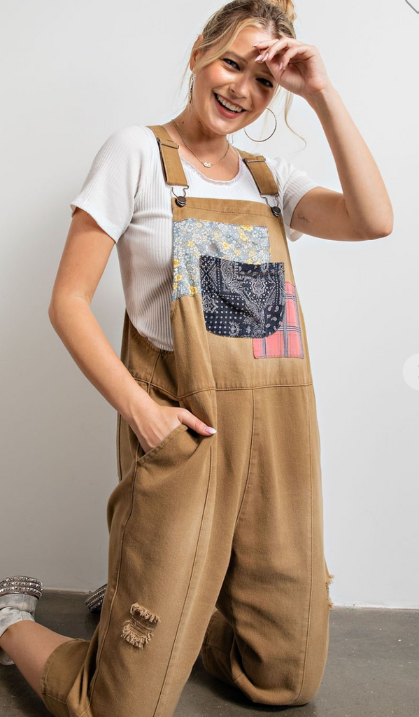 Camel Denim Patchwork Overalls
