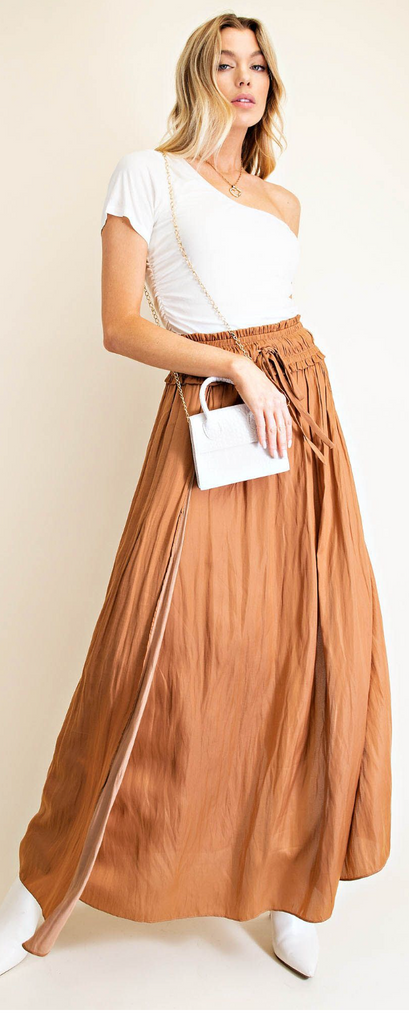 Satin Drawstring Split Maxi Skirt