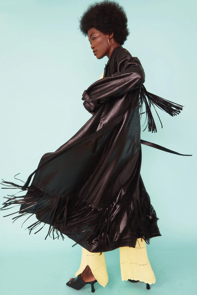 Maxi Fringe Snake Print Coat