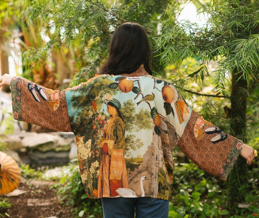 Secret Garden Cropped Bamboo Kimono Cardigan with Swan