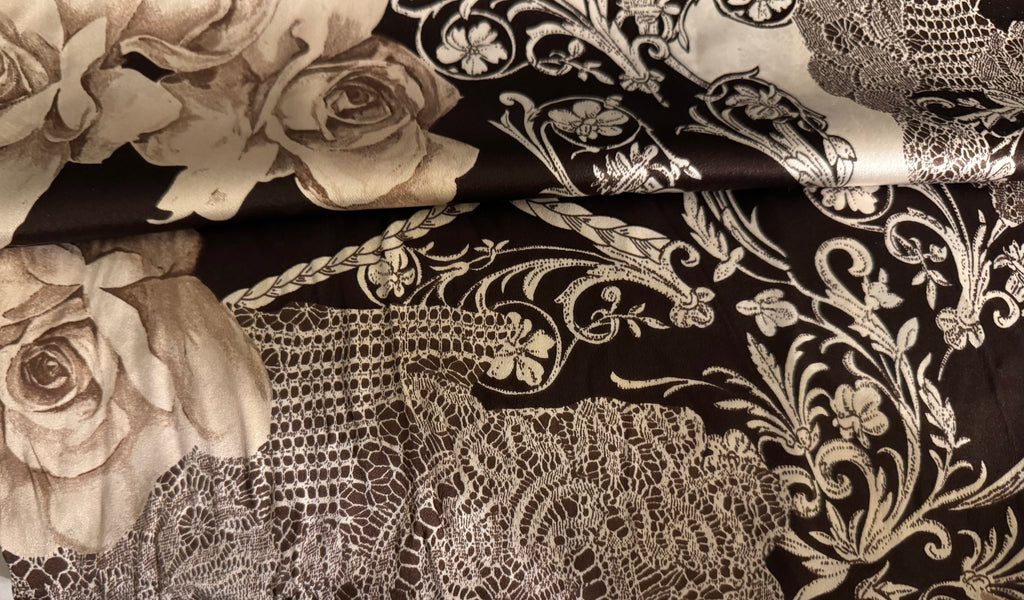 St John Chocolate Brown Rose & Lace Print Oblong Scarf