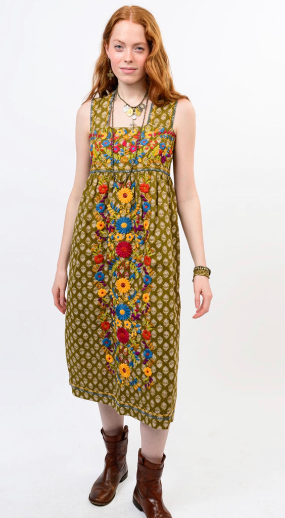 VALENTINA OLIVE DRESS FLORAL EMBROIDERED