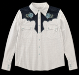 Vintage Blue Roses Embroidered on Checkered Pearl Snap Shirt L