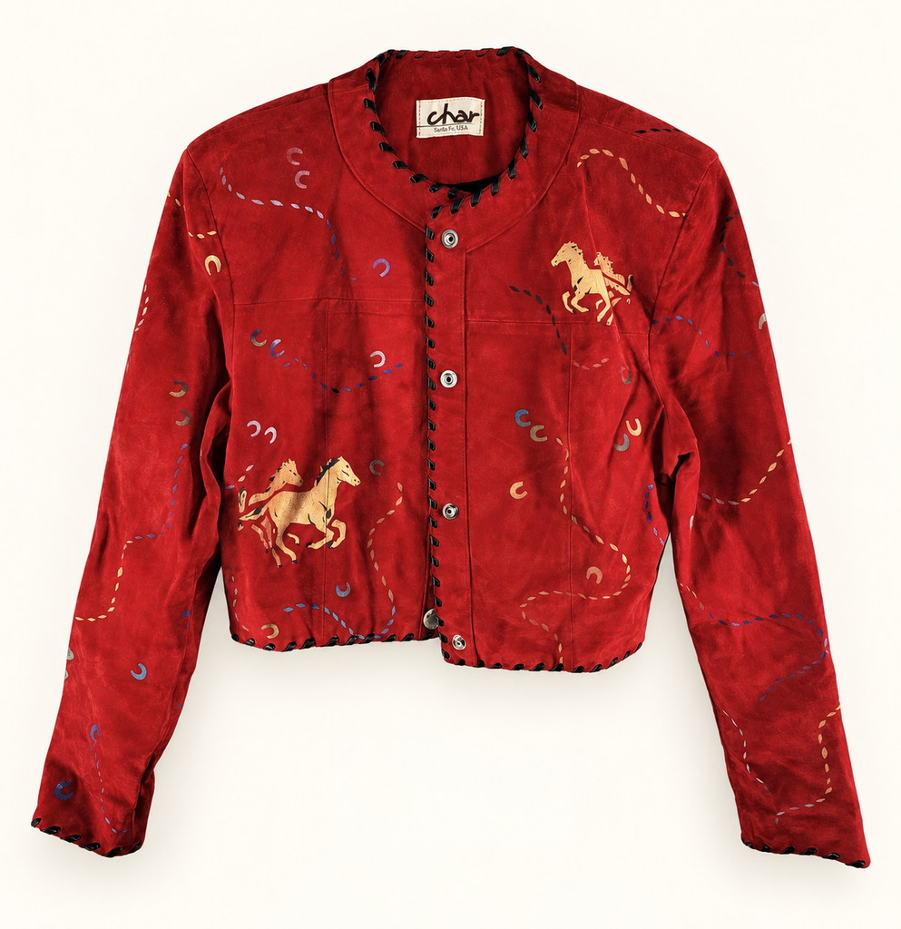 Vintage Hand Painted M Red Suede Horses Jacket