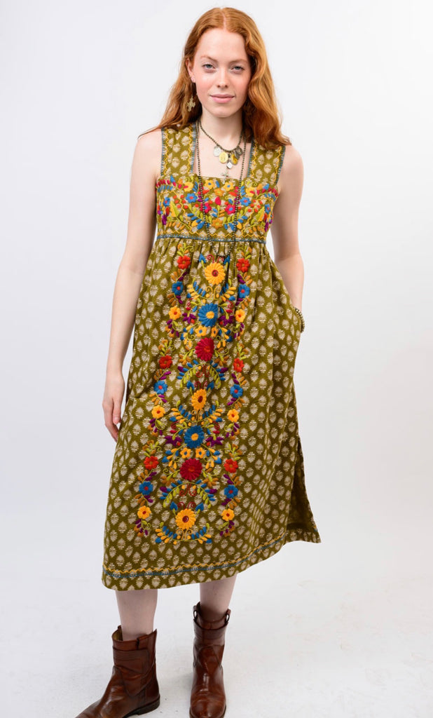 VALENTINA OLIVE DRESS FLORAL EMBROIDERED