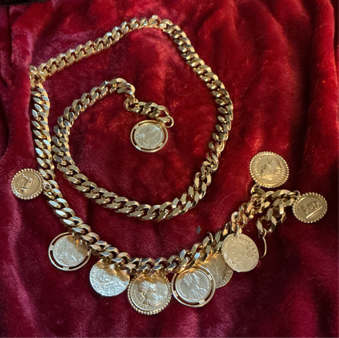 Heavy Gold Chain Belt with Coin Charms-Vintage