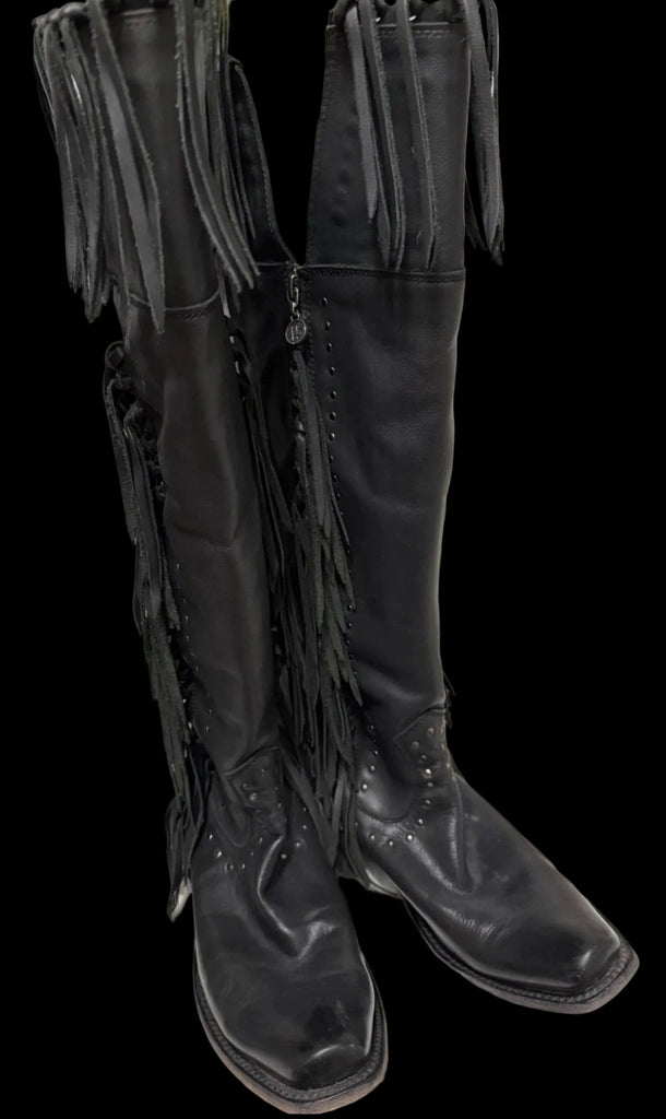 Fringe Tall Black Boots 10 Zipper Vintage