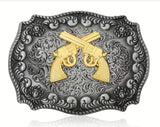 Double Gold Pistol Matte Silver Western Buckle