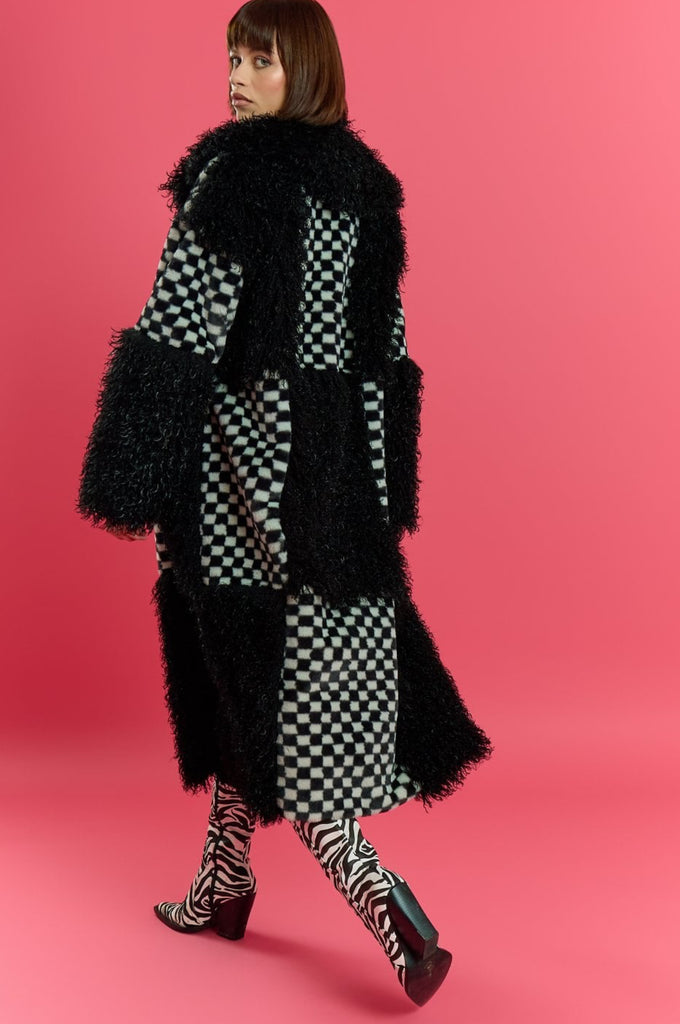 Checkered Faux Fur Coat