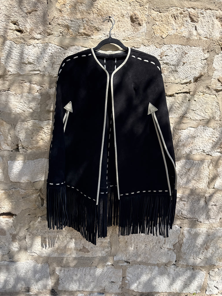 Suede Fringe Black Poncho Arrows O/S