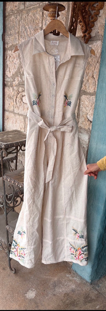 Cross-Stitch Linen Blend Buttons Jumpsuit