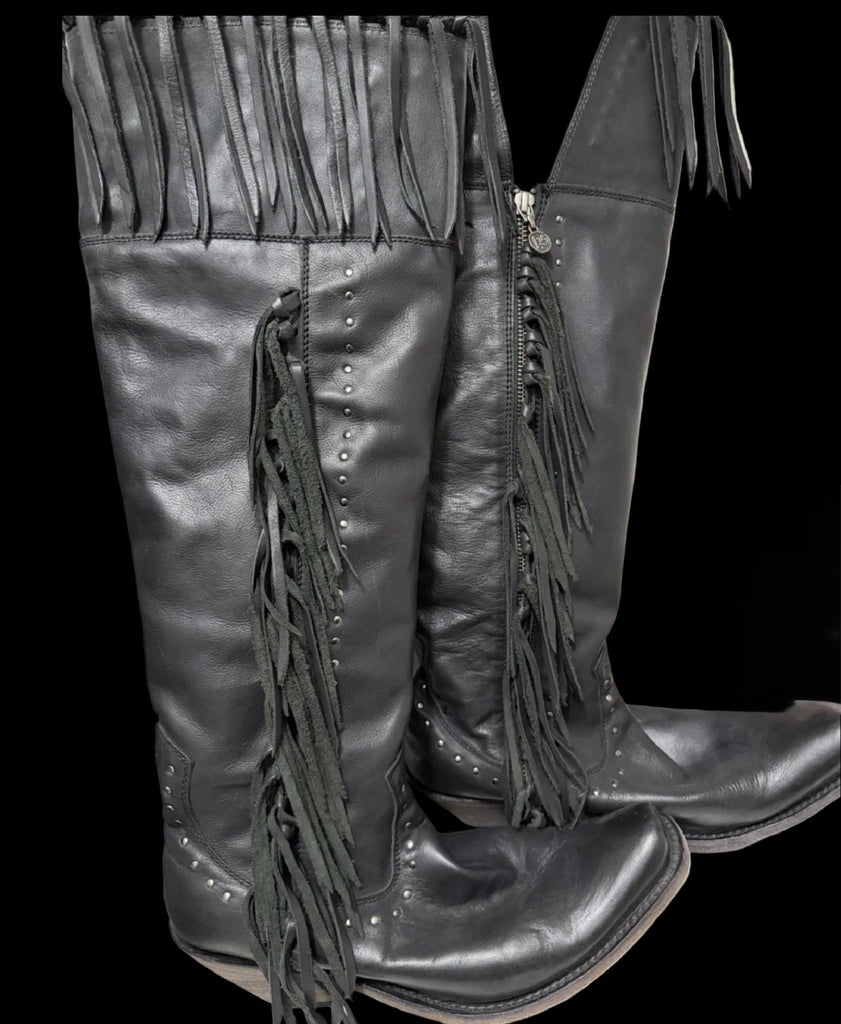 Fringe Tall Black Boots 10 Zipper Vintage