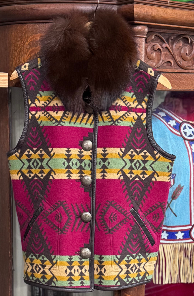 Vintage Indian Blanket Vest Fur Collar M