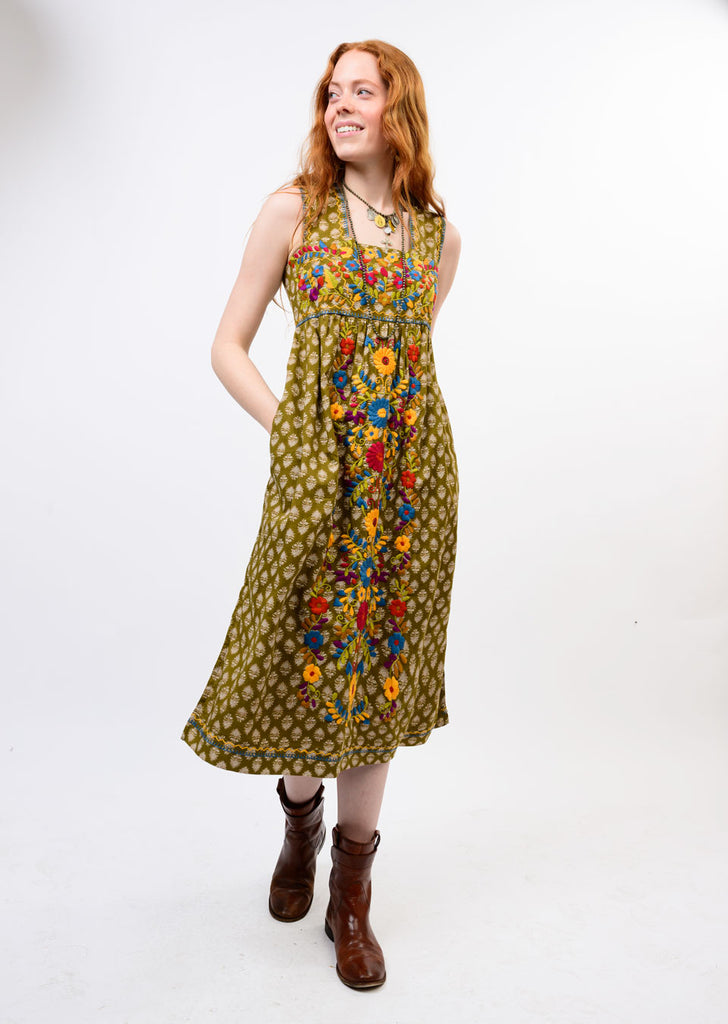 Valentina Olive Embroidered Dress