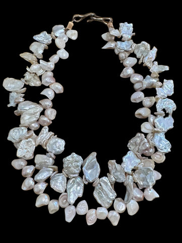 Vintage 2 Strand Baroque Freshwater Pearl Necklace Mixed Biwa-Style Pearls Unsigned