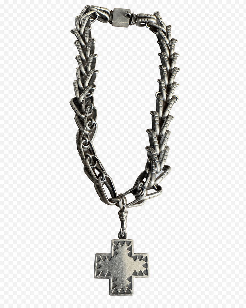 Vintage Heavy Sterling Silver Southwestern Handmade Link Chain Necklace with Removable Cross Pendant