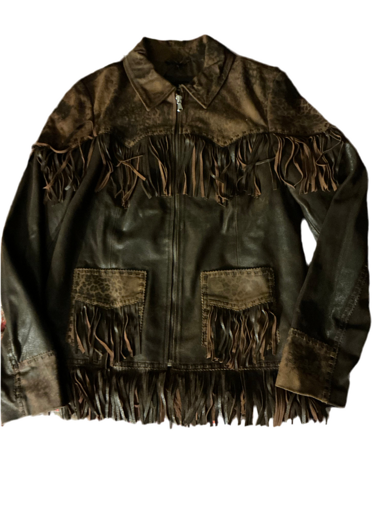 Fringe Zip Lamb Leopard Jacket M