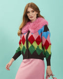 Diamond Banana Peel Cardigan Faux Fur Collar