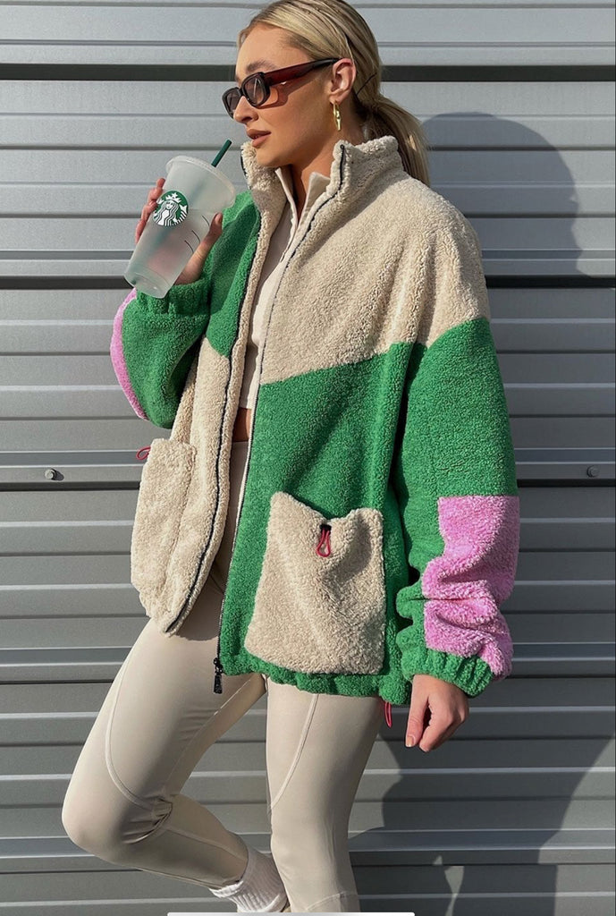 Faux Shearling Jacket Pink/Grn/Crm