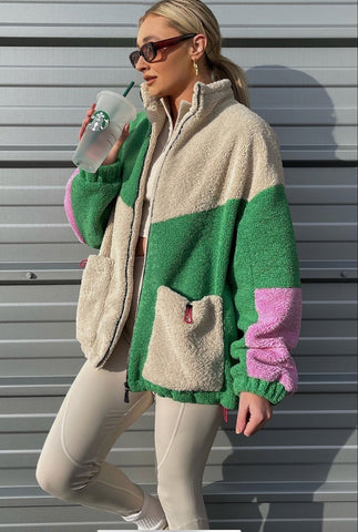 Faux Shearling Jacket Pink/Grn/Crm