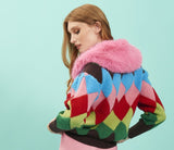 Diamond Banana Peel Cardigan Faux Fur Collar