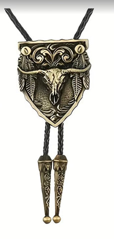 Southwest Steer Skull Feathers Bolo Tie