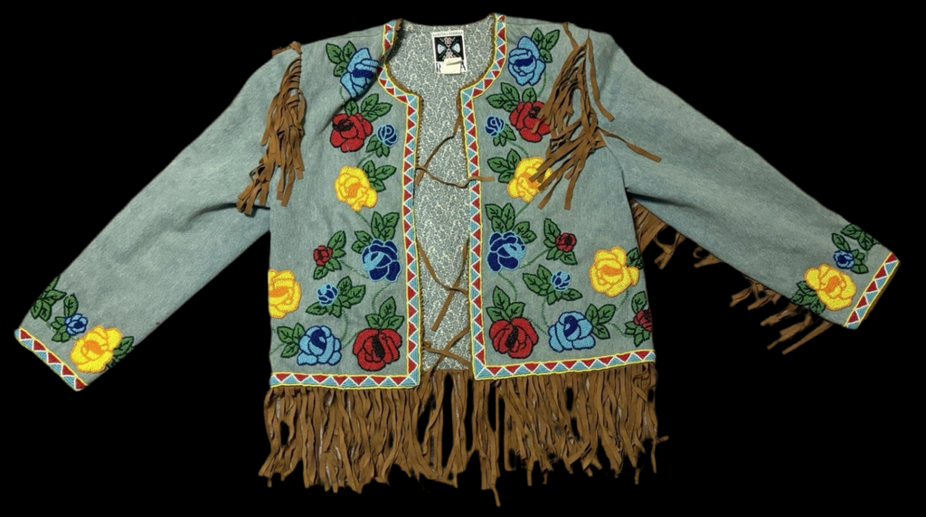 CHAMBRAY DENIM BEADED FRINGED L.E. JACKET M 8/150